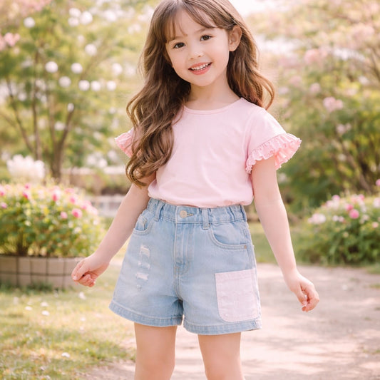 LOVEKINS Girls Light Blue Denim Shorts with Cute Patch Pocket | Soft Elastic Waist | Age 18 Months – 6 Years