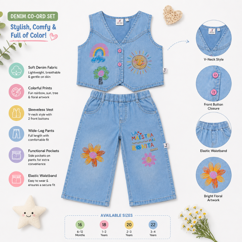 JUST TOTS Girls Denim Vest & Wide-Leg Pants Set | Stylish Kids Outfit 