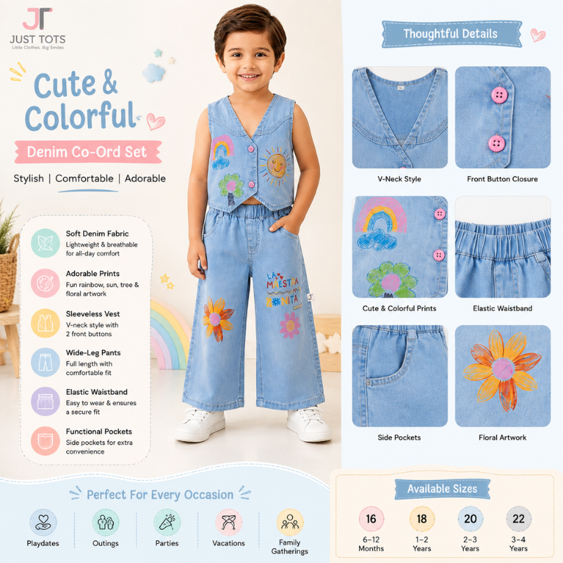 JUST TOTS Girls Denim Vest & Wide-Leg Pants Set | Stylish Kids Outfit 