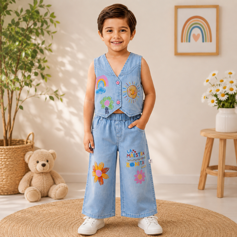 JUST TOTS Girls Denim Vest & Wide-Leg Pants Set | Stylish Kids Outfit 