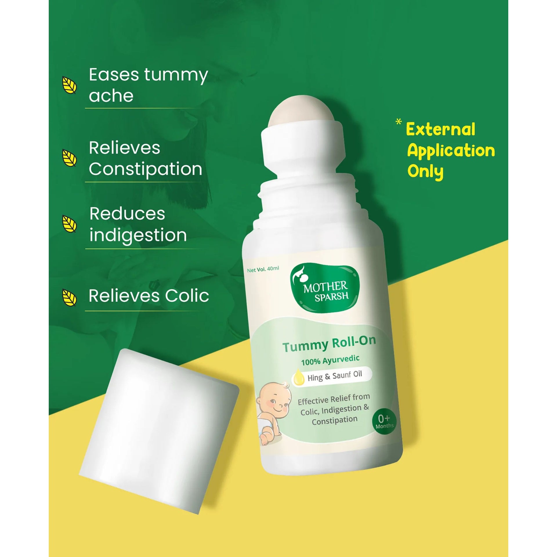 Mother Sparsh Tummy Roll On for Baby, Colic Relief and Digestion, 100% Ayurvedic, Hing & Saunf, 40ml  & 6ml