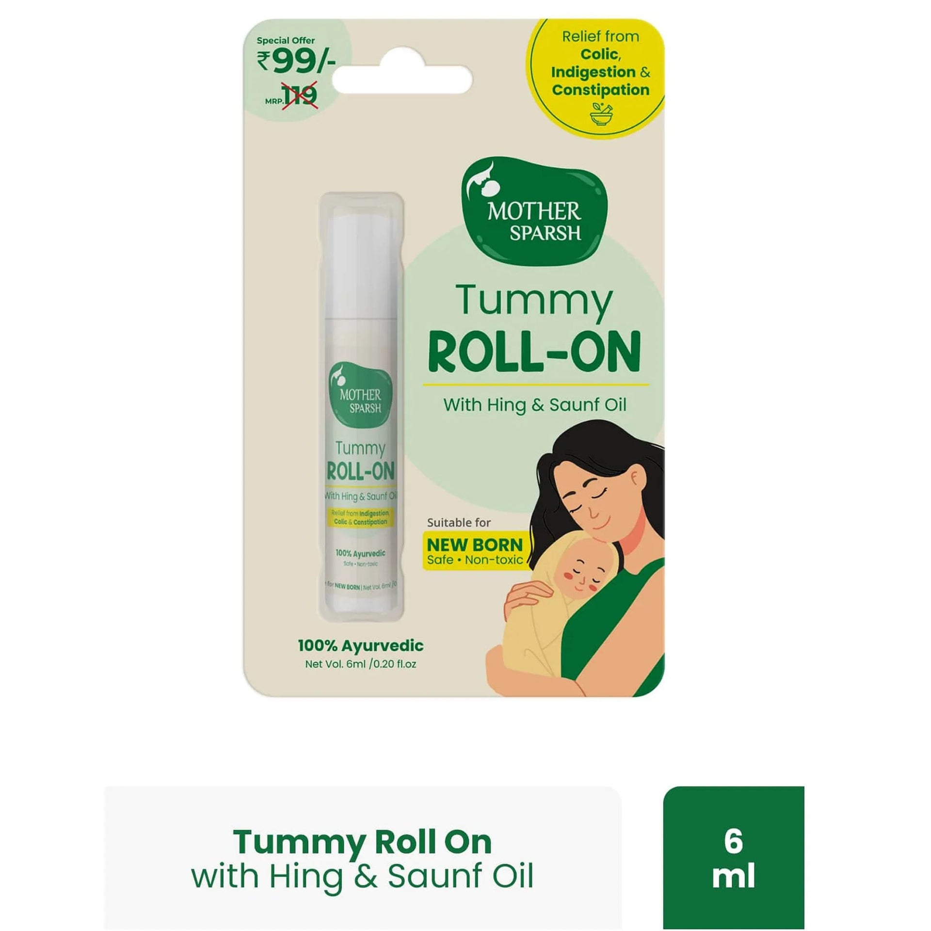 Mother Sparsh Tummy Roll On for Baby, Colic Relief and Digestion, 100% Ayurvedic, Hing & Saunf, 40ml  & 6ml