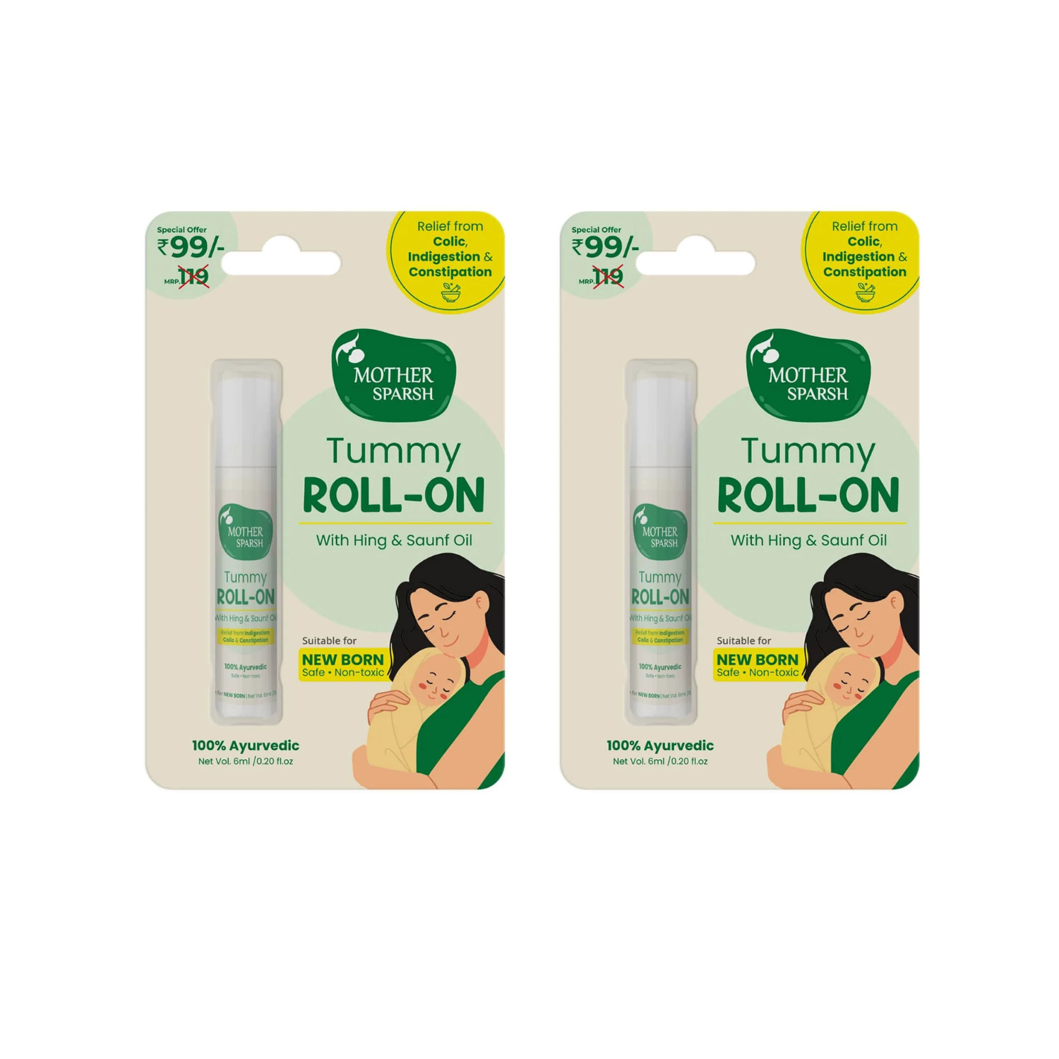 Mother Sparsh Tummy Roll On for Baby, Colic Relief and Digestion, 100% Ayurvedic, Hing & Saunf, 6ml Pack of 2