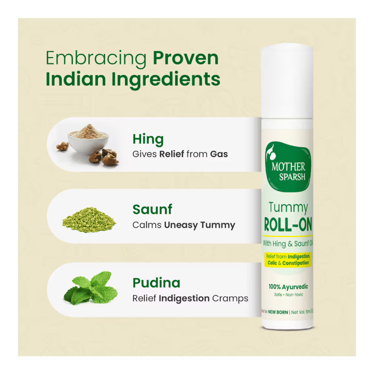 Mother Sparsh Tummy Roll On for Baby, Colic Relief and Digestion, 100% Ayurvedic, Hing & Saunf, 6ml Pack of 2