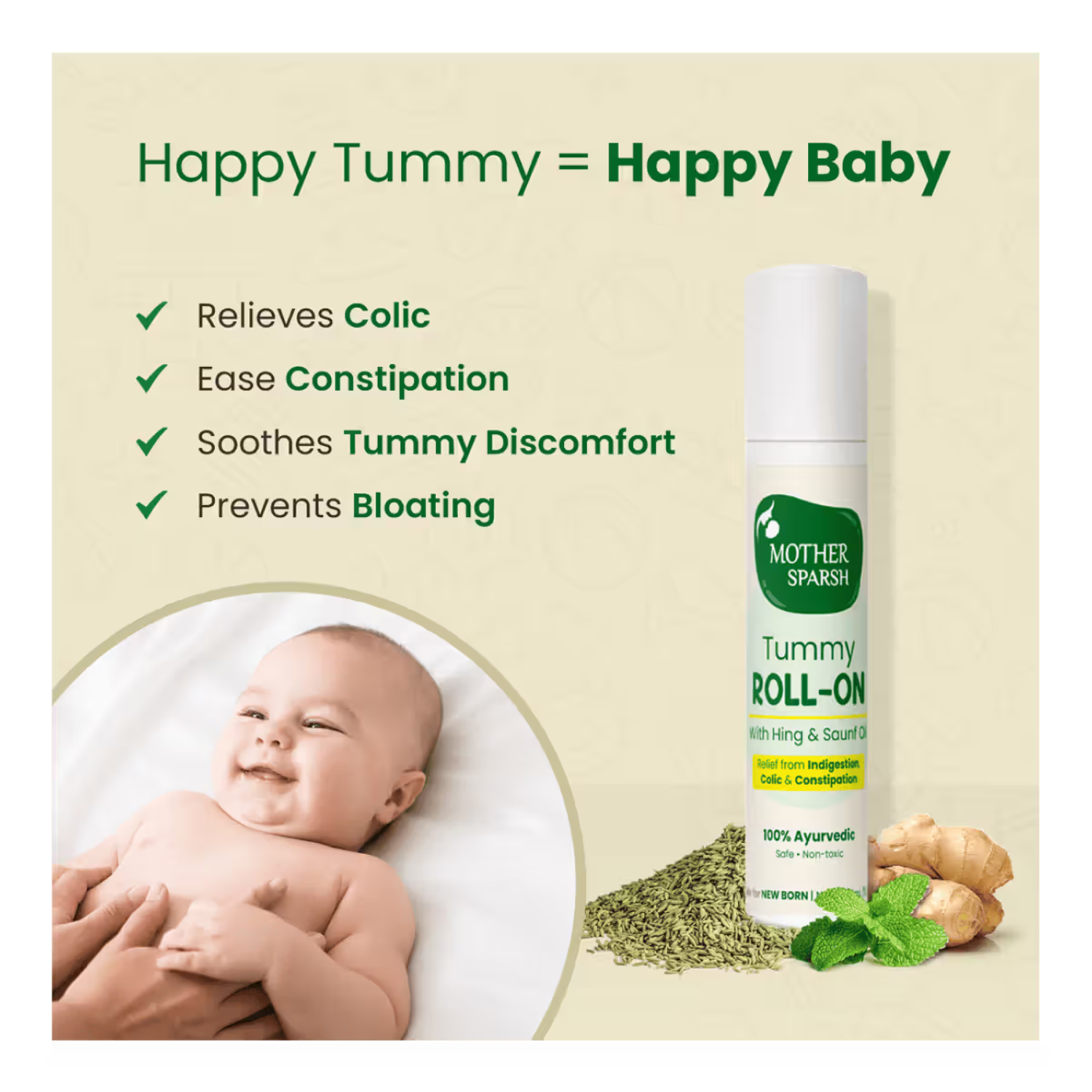 Mother Sparsh Tummy Roll On for Baby, Colic Relief and Digestion, 100% Ayurvedic, Hing & Saunf, 6ml Pack of 2