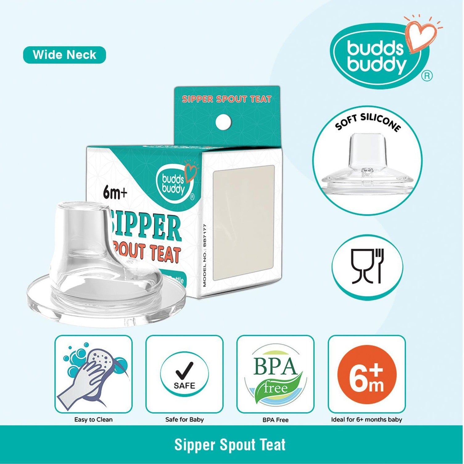 Buddsbuddy BPA Free Wide Neck Soft Silicone Sipper Spout Teat, BB7177