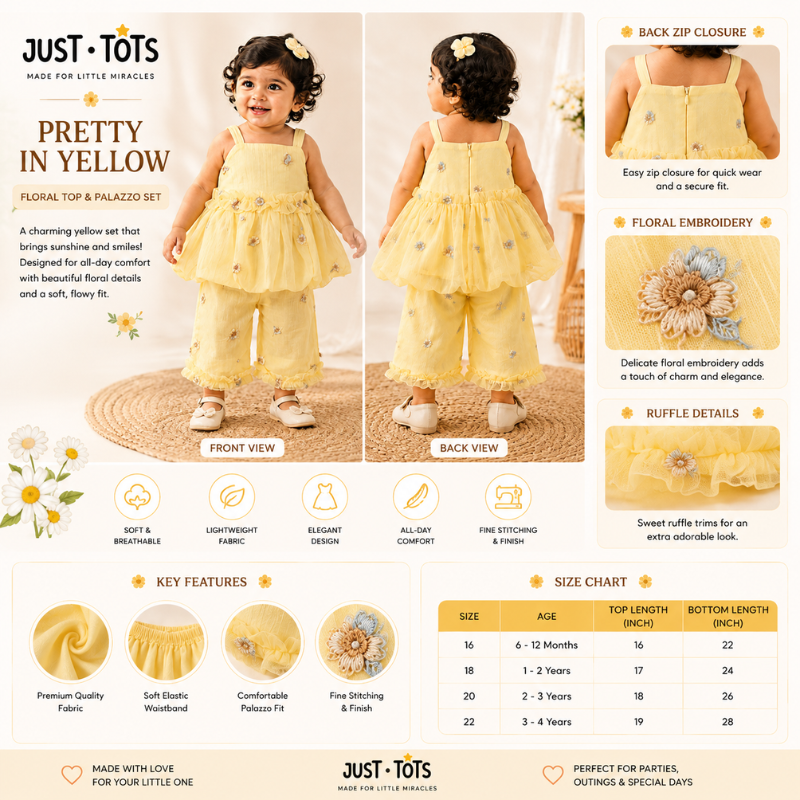 JUST TOTS Girls Yellow Floral Top & Palazzo Set – Embroidered Party Wear