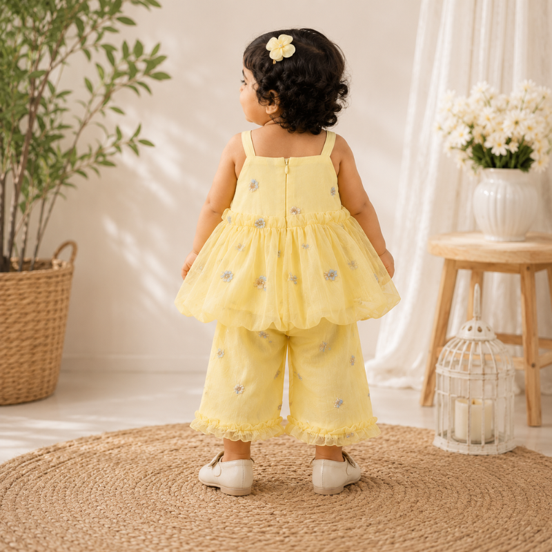 JUST TOTS Girls Yellow Floral Top & Palazzo Set – Embroidered Party Wear