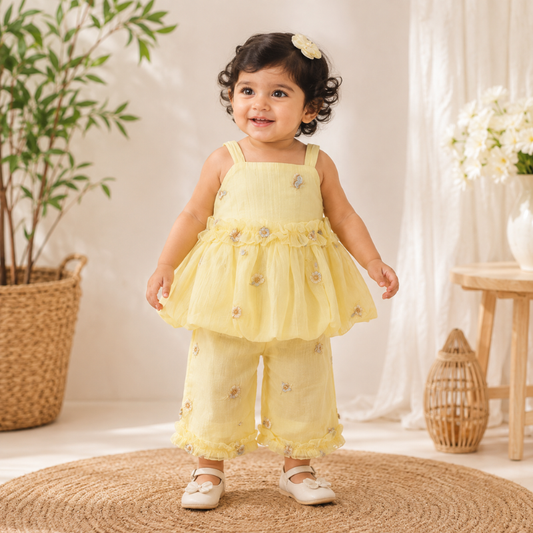 JUST TOTS Girls Yellow Floral Top & Palazzo Set – Embroidered Party Wear