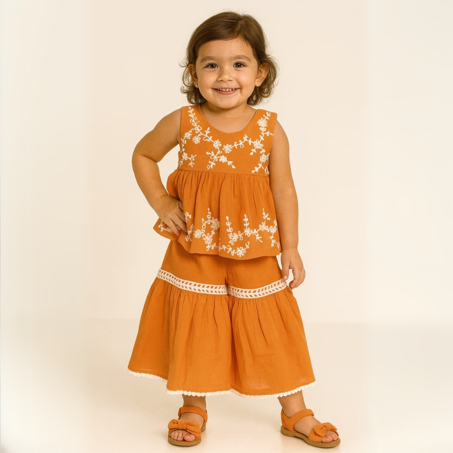 Smile Baby Embroidered Cotton Peplum Top & Palazzo Set – Hot Pink / Orange (6M–4Y)