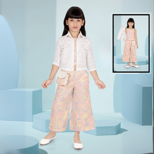 LEMONMINT Girls Three-Piece Casual Summer Outfit – Printed Crop Top, Wide-Leg Pants & Sheer Shirt