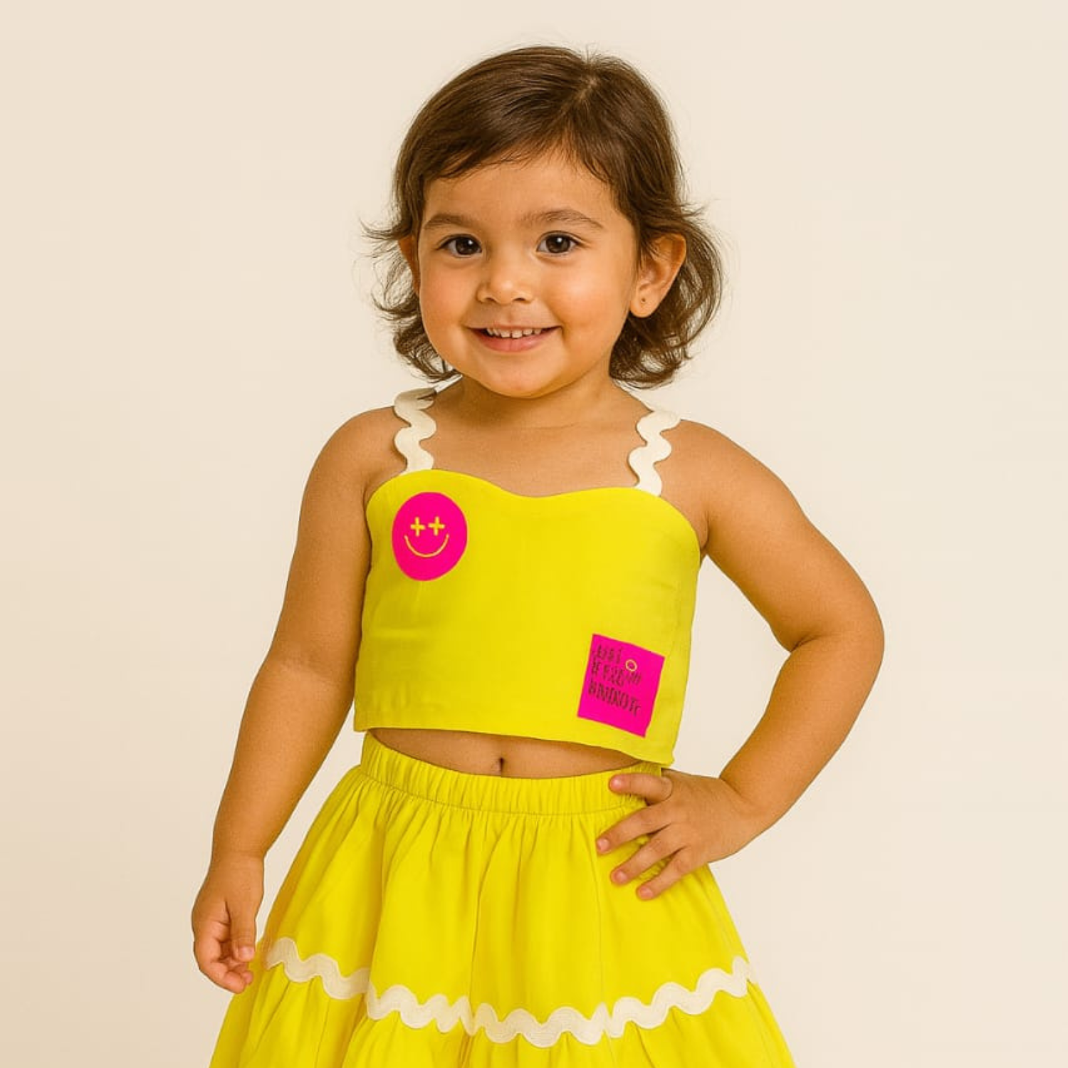 Smile Baby Girls’ Ruffle Coord Set – Crop Top & Skirt | Neon Green, Yellow, Hot Pink | Age 6M–4Y
