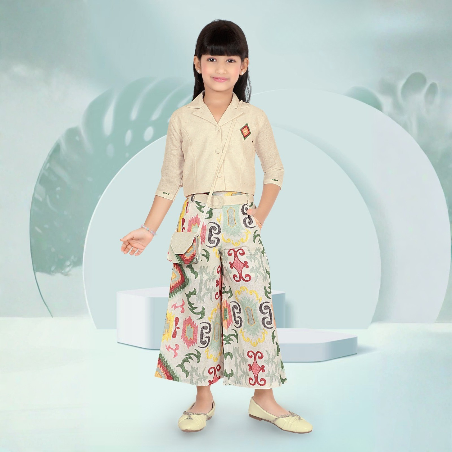 LEMONMINT Girls Stylish Palazzo Set – Beige Crop Top with Printed Palazzo & Sling Bag