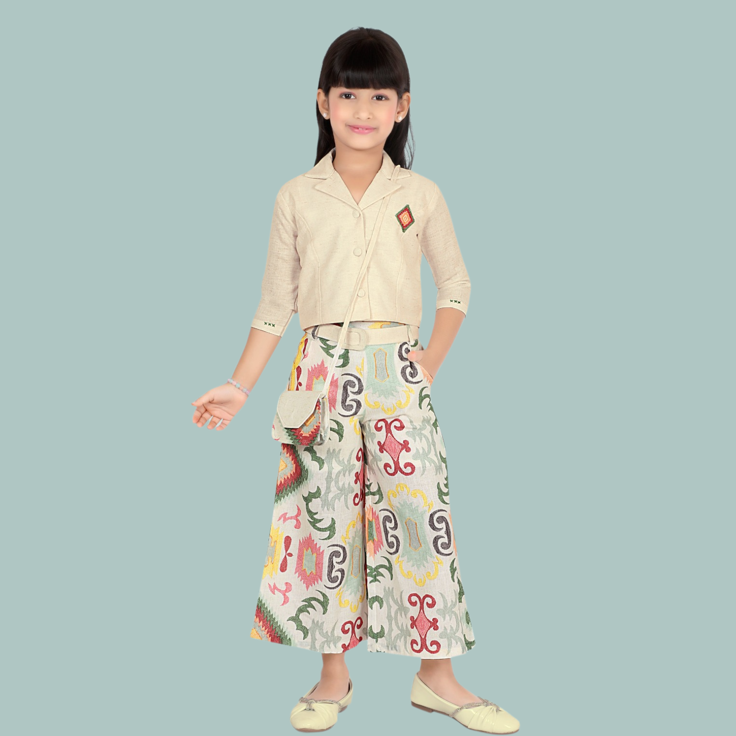 LEMONMINT Girls Stylish Palazzo Set – Beige Crop Top with Printed Palazzo & Sling Bag