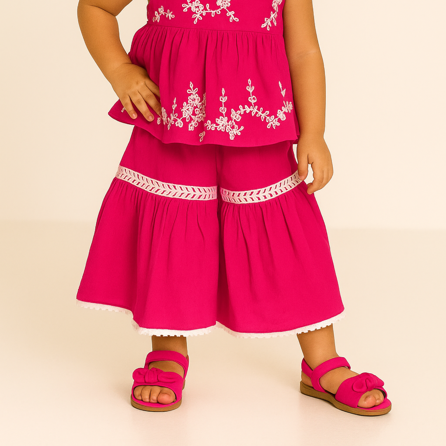 Smile Baby Embroidered Cotton Peplum Top & Palazzo Set – Hot Pink / Orange (6M–4Y)