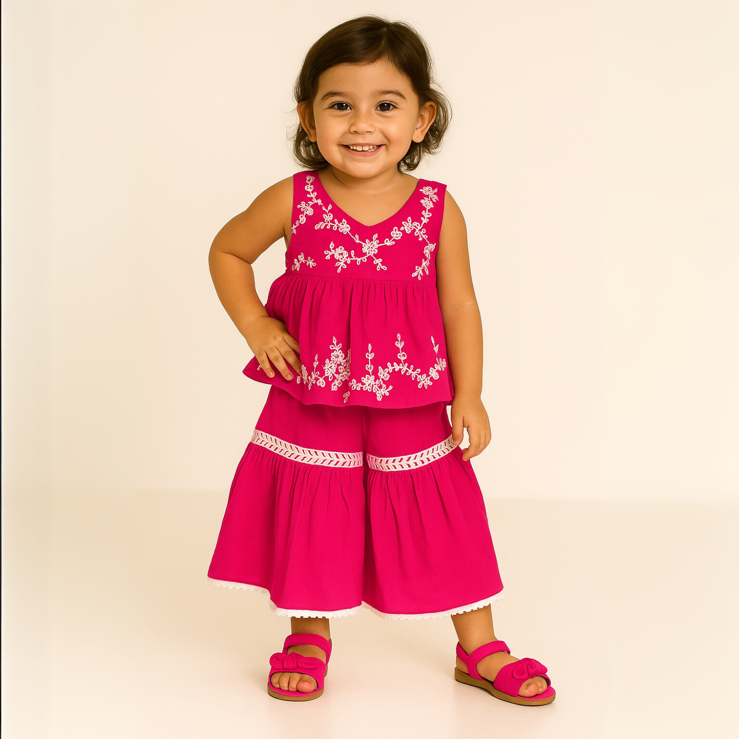 Smile Baby Embroidered Cotton Peplum Top & Palazzo Set – Hot Pink / Orange (6M–4Y)