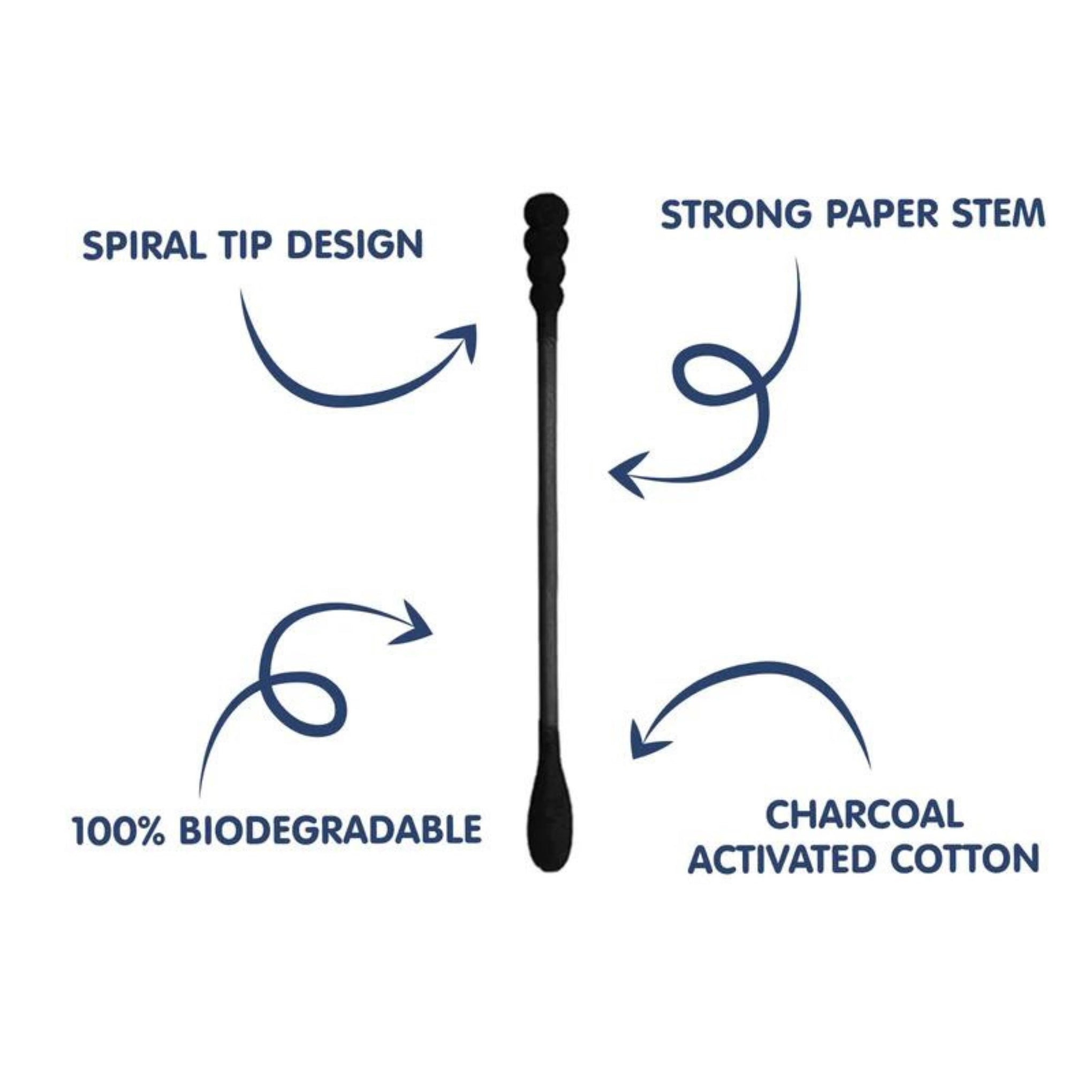 Hopop Cotton Buds | Baby Spiral Tip Paper Stem Charcoal Ear Cleaner Buds | 1 Pack | 100 Sticks | Black Charcoal 1002C