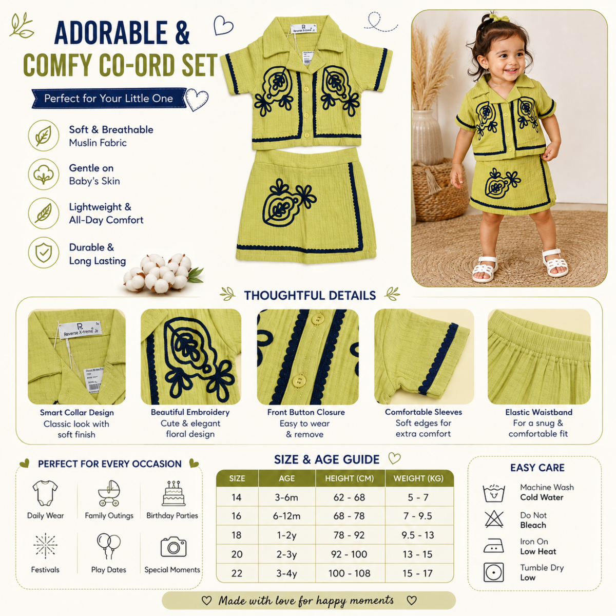 Reverse X-treme Girls Muslin Cotton Embroidered Co-Ord Set | Soft Button-Down Top & Skirt | Lightweight Summer Outfit (3 Months–4 Years) 