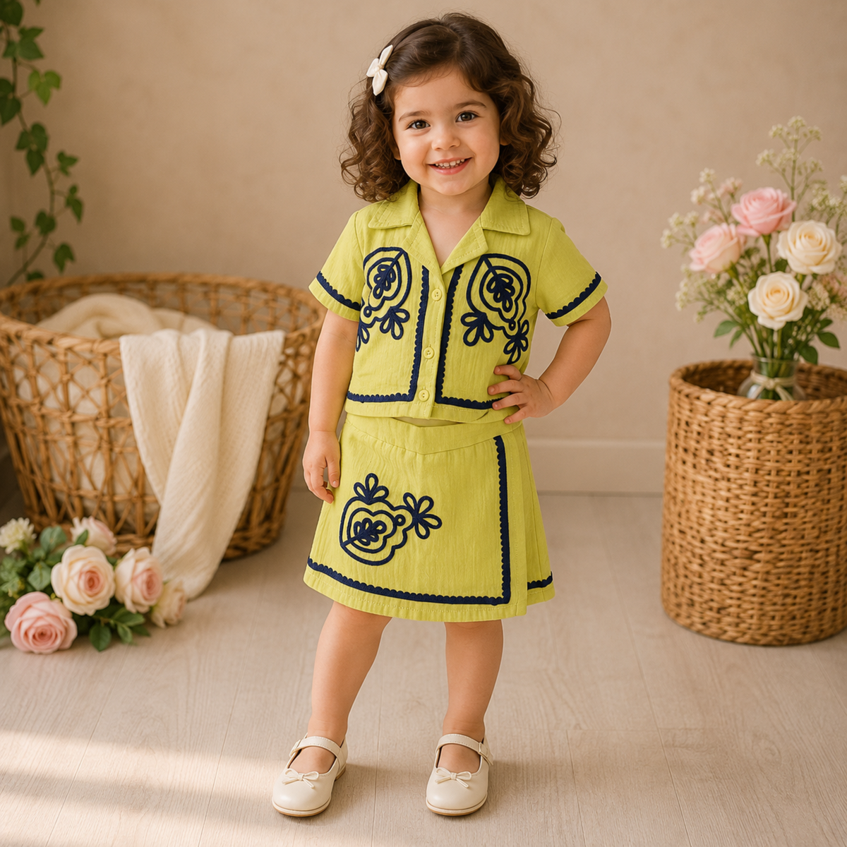 Reverse X-treme Girls Muslin Cotton Embroidered Co-Ord Set | Soft Button-Down Top & Skirt | Lightweight Summer Outfit (3 Months–4 Years) 