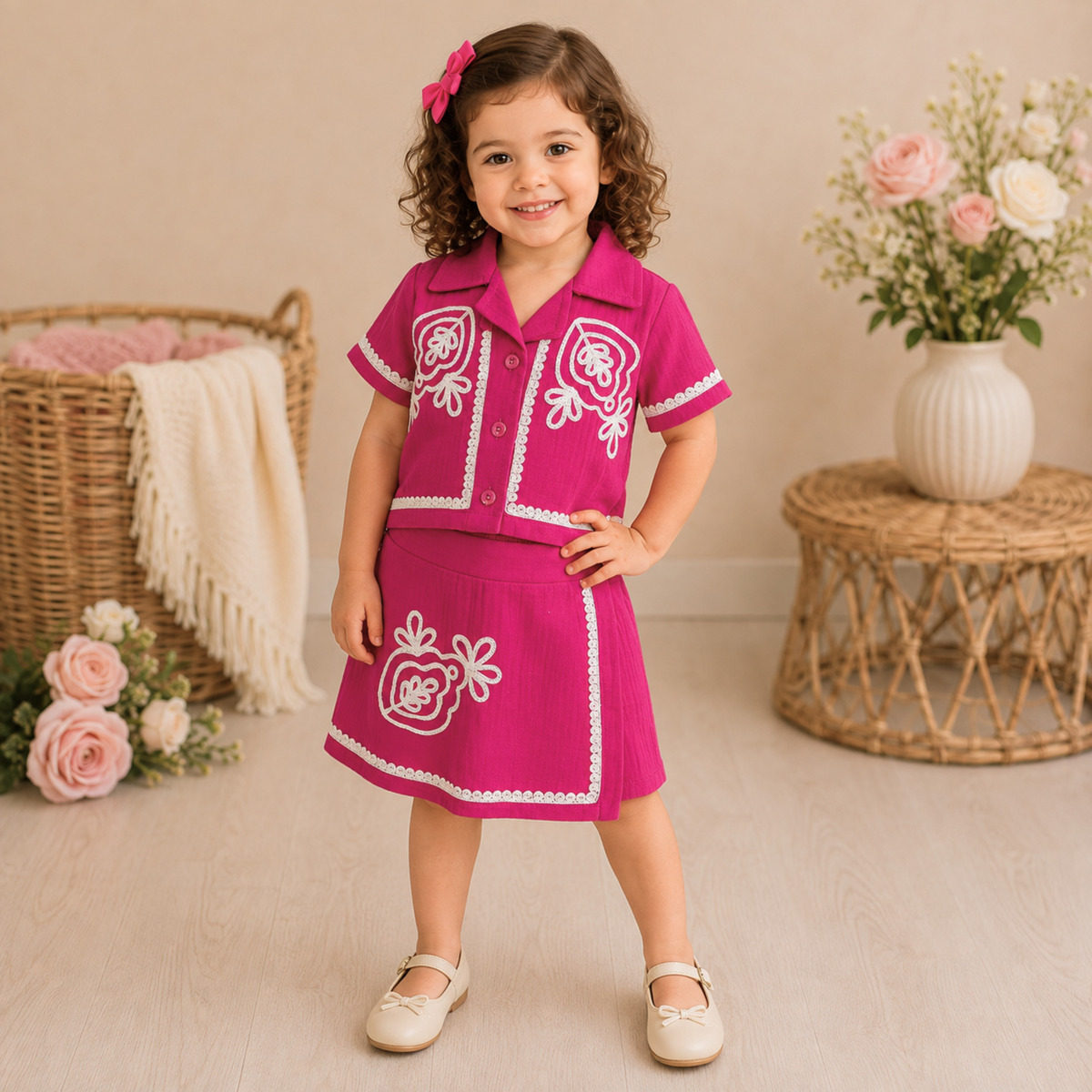 Reverse X-treme Girls Muslin Cotton Embroidered Co-Ord Set | Soft Button-Down Top & Skirt | Lightweight Summer Outfit (3 Months–4 Years) 
