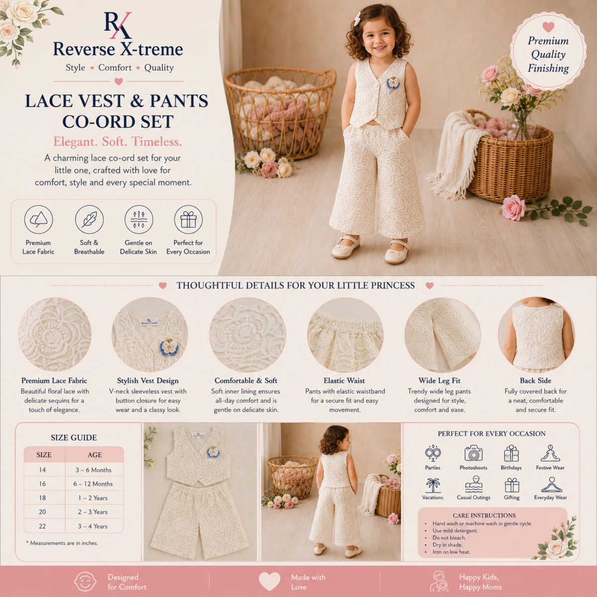 Reverse X-treme Girls Premium Lace Vest & Wide-Leg Pants Co-Ord Set | Sleeveless Party Wear Outfit | Soft Cotton Blend (3 Months–4 Years) 