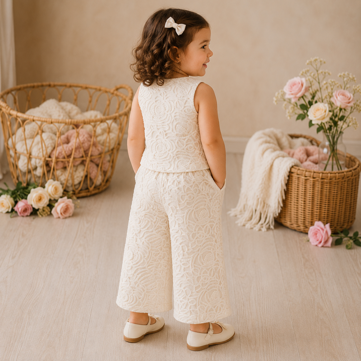 Reverse X-treme Girls Premium Lace Vest & Wide-Leg Pants Co-Ord Set | Sleeveless Party Wear Outfit | Soft Cotton Blend (3 Months–4 Years) 