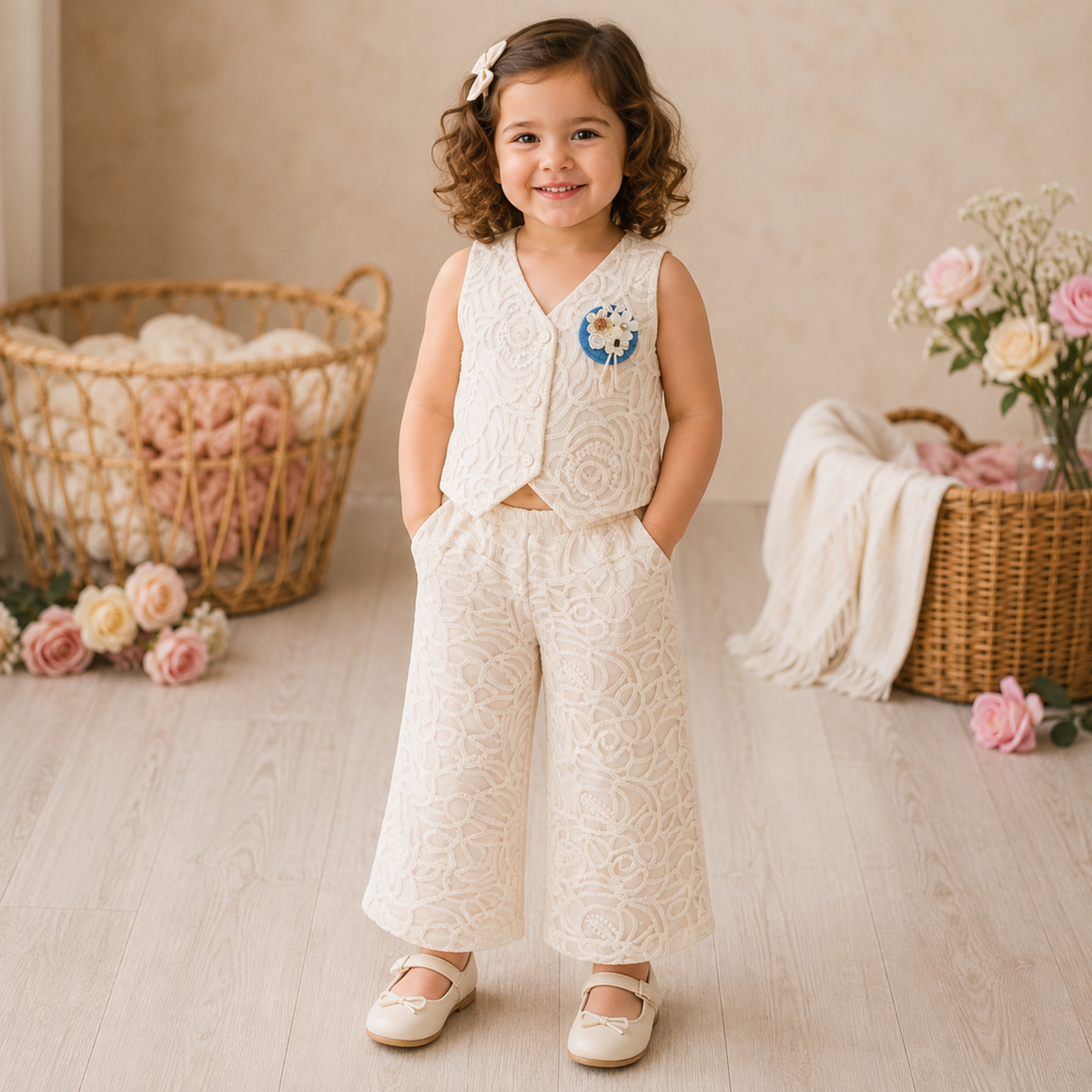 Reverse X-treme Girls Premium Lace Vest & Wide-Leg Pants Co-Ord Set | Sleeveless Party Wear Outfit | Soft Cotton Blend (3 Months–4 Years) 