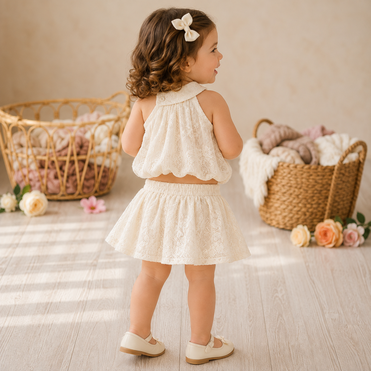 Reverse X-treme Girls Lace Co-Ord Set | One Shoulder Bubble Top & Flared Skirt | Premium Soft Cotton Lace Outfit (6 Months–4 Years) 