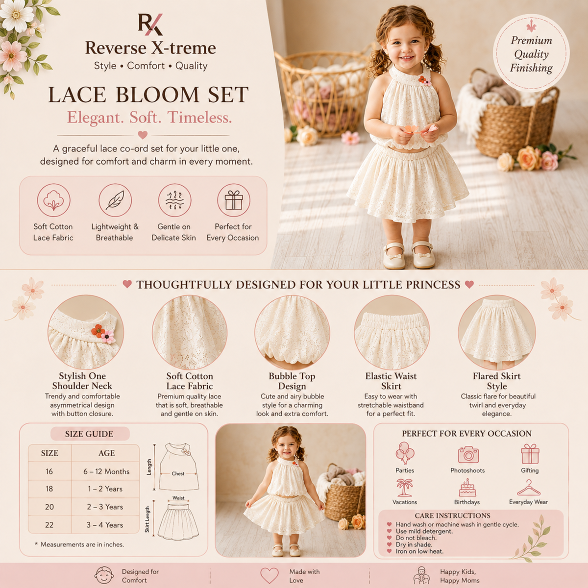 Reverse X-treme Girls Lace Co-Ord Set | One Shoulder Bubble Top & Flared Skirt | Premium Soft Cotton Lace Outfit (6 Months–4 Years) 