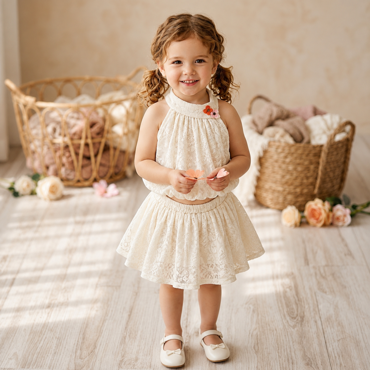 Reverse X-treme Girls Lace Co-Ord Set | One Shoulder Bubble Top & Flared Skirt | Premium Soft Cotton Lace Outfit (6 Months–4 Years) 
