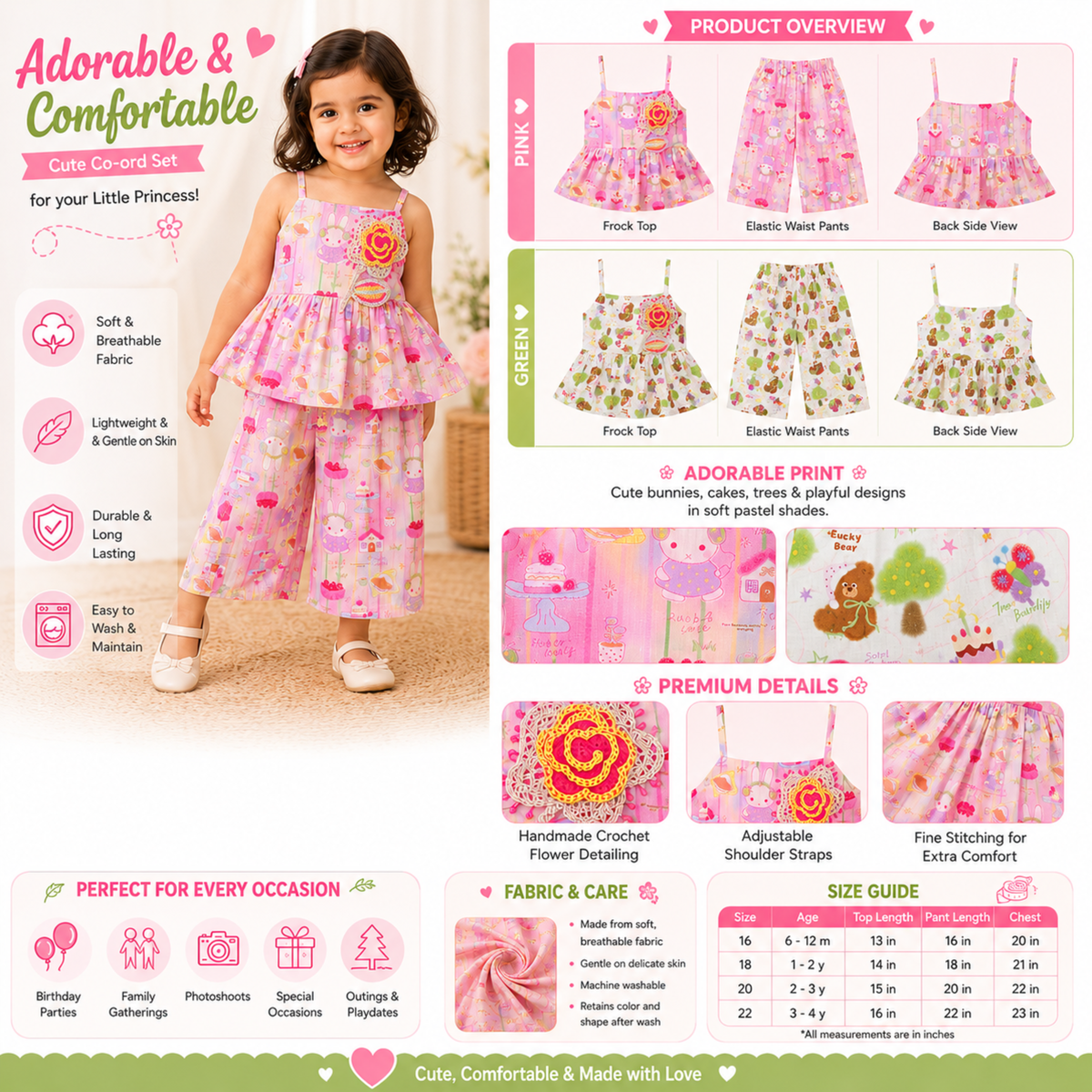 Reverse X-treme Girls Printed Cotton Co-Ord Set | Sleeveless Peplum Top & Wide-Leg Pants | Soft Summer Outfit (6 Months–4 Years) 