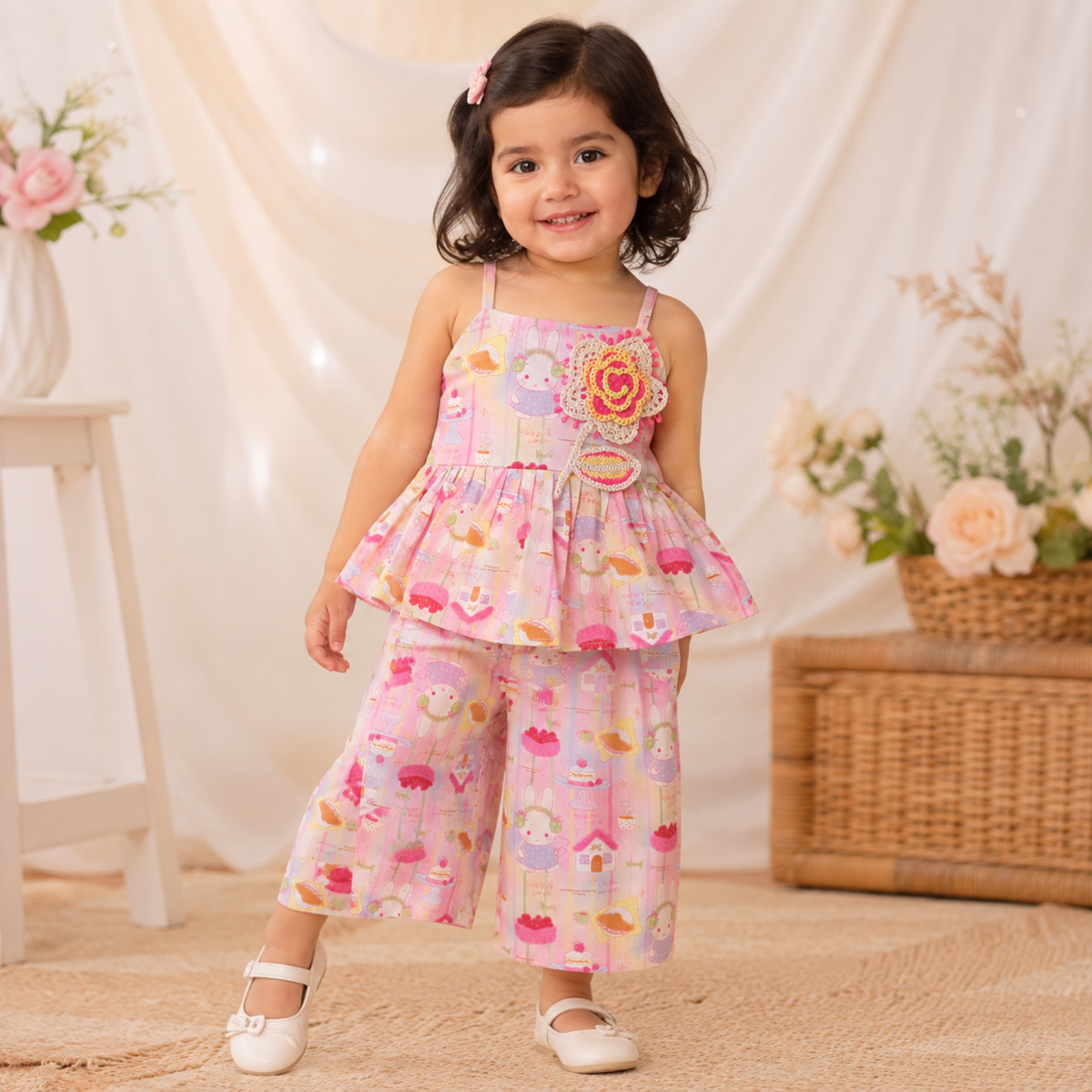 Reverse X-treme Girls Printed Cotton Co-Ord Set | Sleeveless Peplum Top & Wide-Leg Pants | Soft Summer Outfit (6 Months–4 Years) 