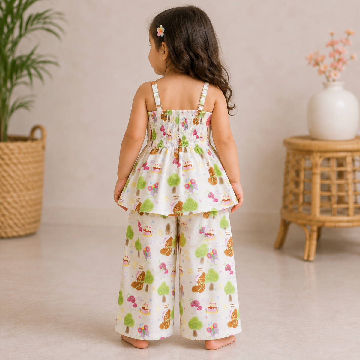 Reverse X-treme Girls Printed Cotton Co-Ord Set | Sleeveless Peplum Top & Wide-Leg Pants | Soft Summer Outfit (6 Months–4 Years) 