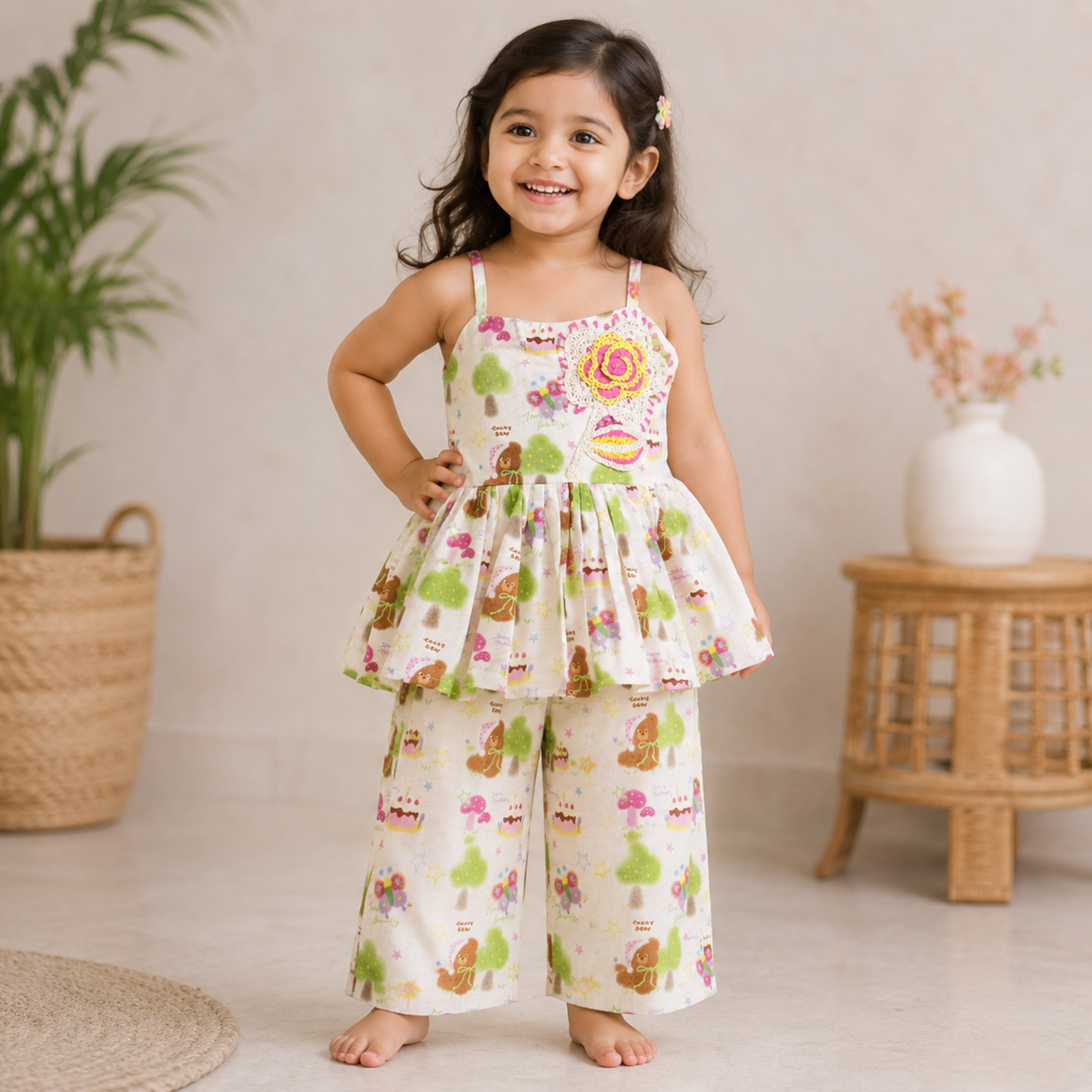Reverse X-treme Girls Printed Cotton Co-Ord Set | Sleeveless Peplum Top & Wide-Leg Pants | Soft Summer Outfit (6 Months–4 Years) 