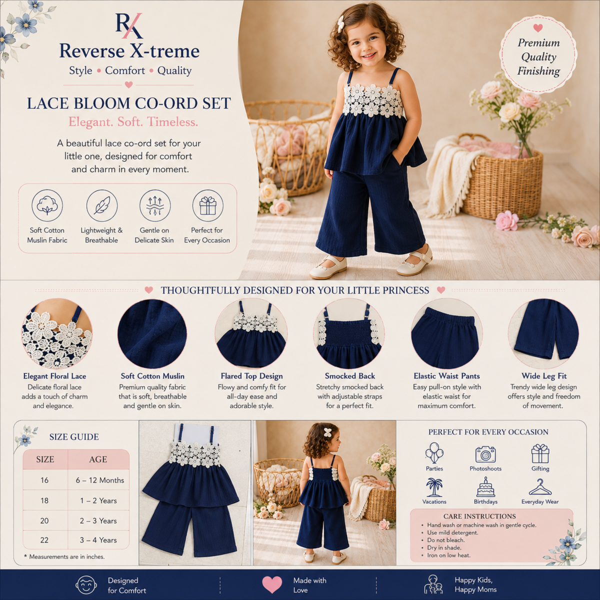 Reverse X-treme Girls Floral Lace Muslin Co-Ord Set | Sleeveless Lace Top & Wide-Leg Pants | Soft Cotton Outfit (6 Months–4 Years) 