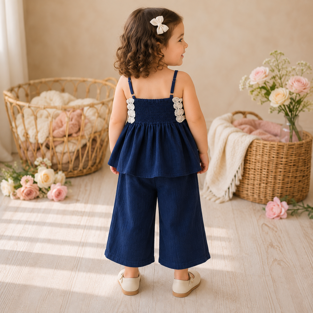 Reverse X-treme Girls Floral Lace Muslin Co-Ord Set | Sleeveless Lace Top & Wide-Leg Pants | Soft Cotton Outfit (6 Months–4 Years) 