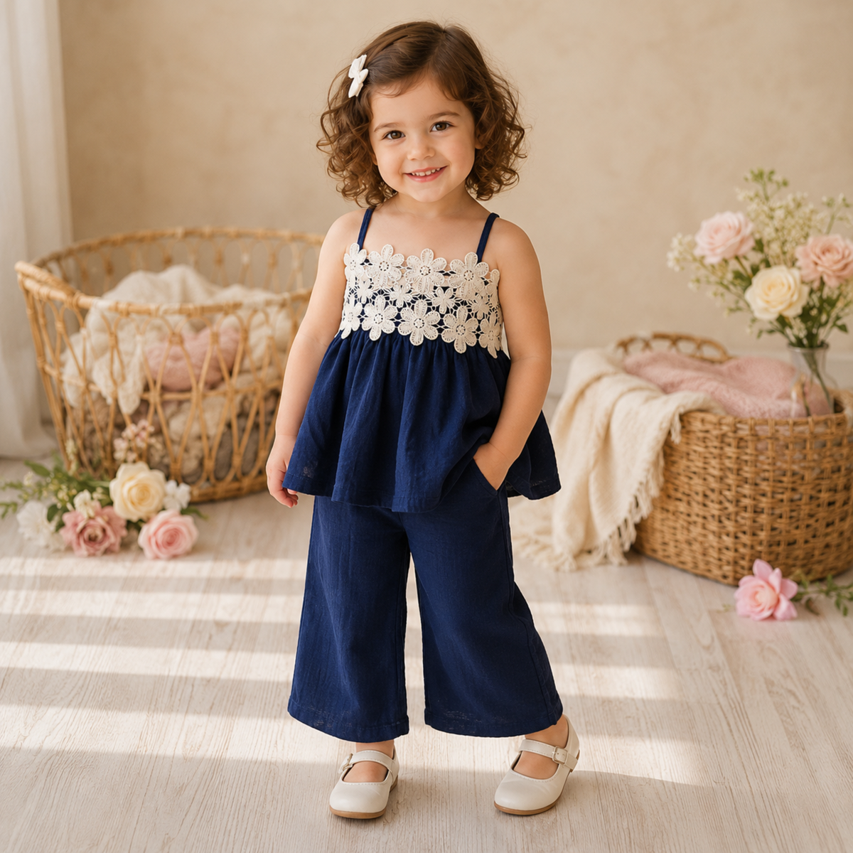 Reverse X-treme Girls Floral Lace Muslin Co-Ord Set | Sleeveless Lace Top & Wide-Leg Pants | Soft Cotton Outfit (6 Months–4 Years) 