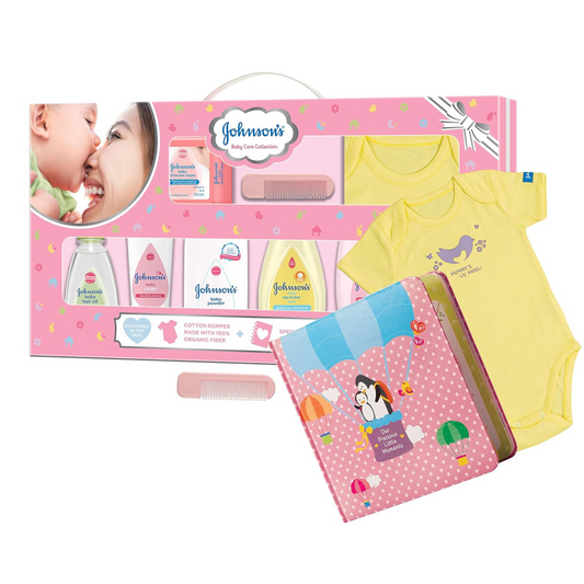 JOHNSON’S® Baby Care Collection with Organic Cotton Baby Romper and Baby Milestone Book (10 Gift Items, Pink)