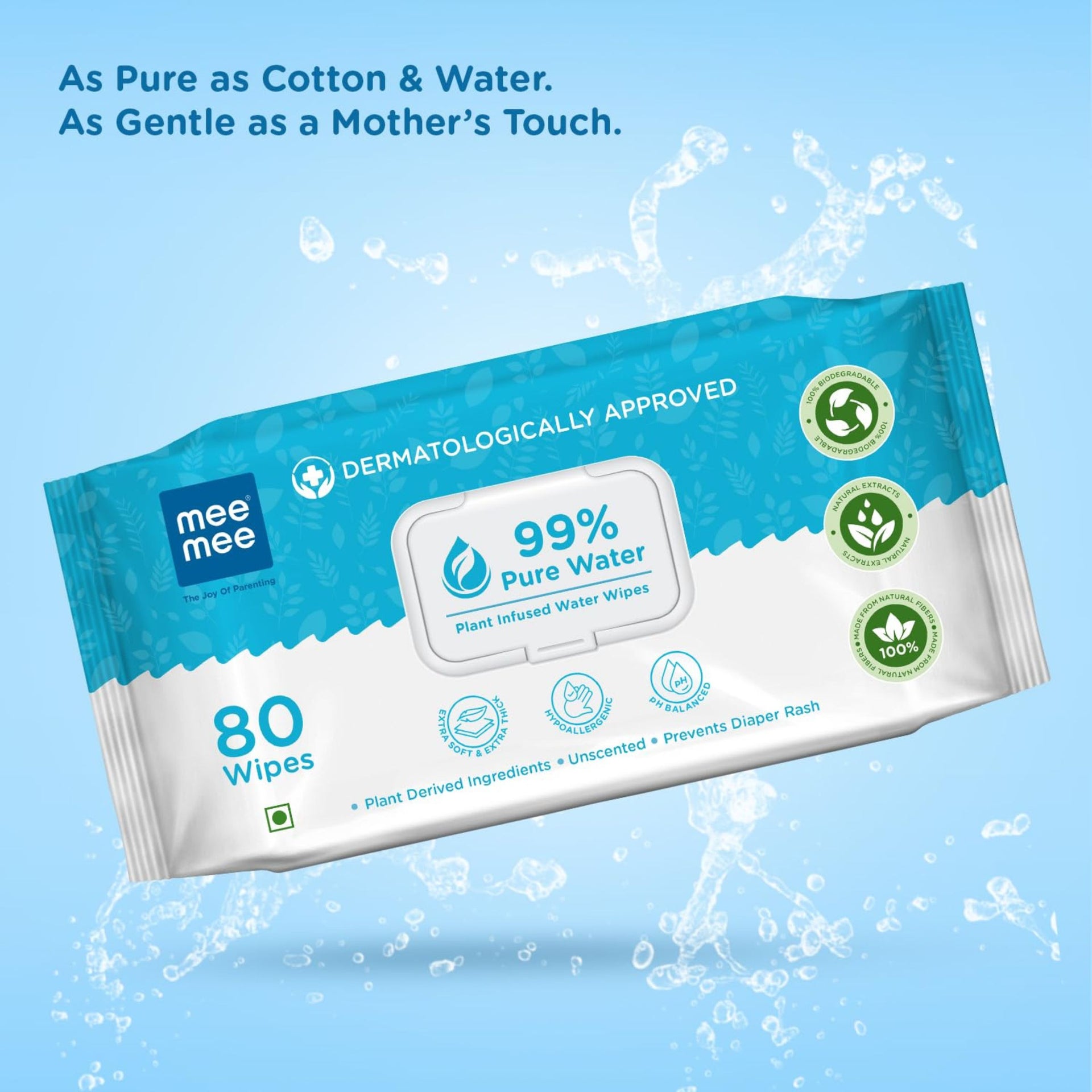 Mee Mee 99% Pure Water Plant-Infused Baby Wipes – 80 Wipes (160 Wipes ) , pack of 2 | Extra Soft, Thick & Dermatologically Approved