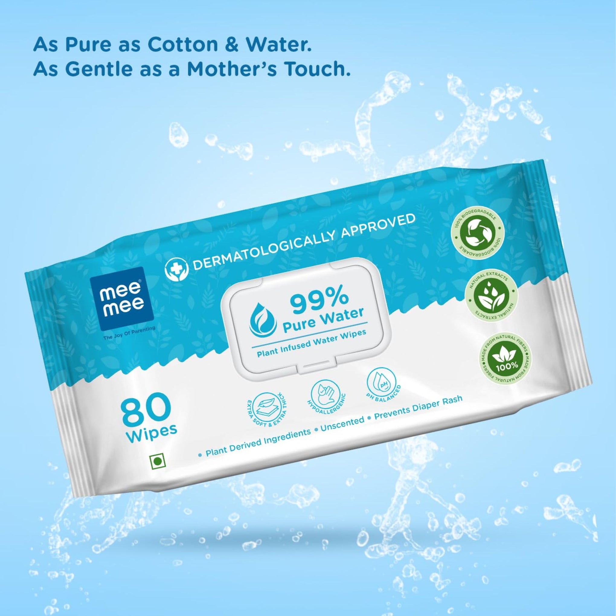 Mee Mee 99% Pure Water Plant-Infused Baby Wipes – 80 Wipes (160 Wipes ) , pack of 2 | Extra Soft, Thick & Dermatologically Approved