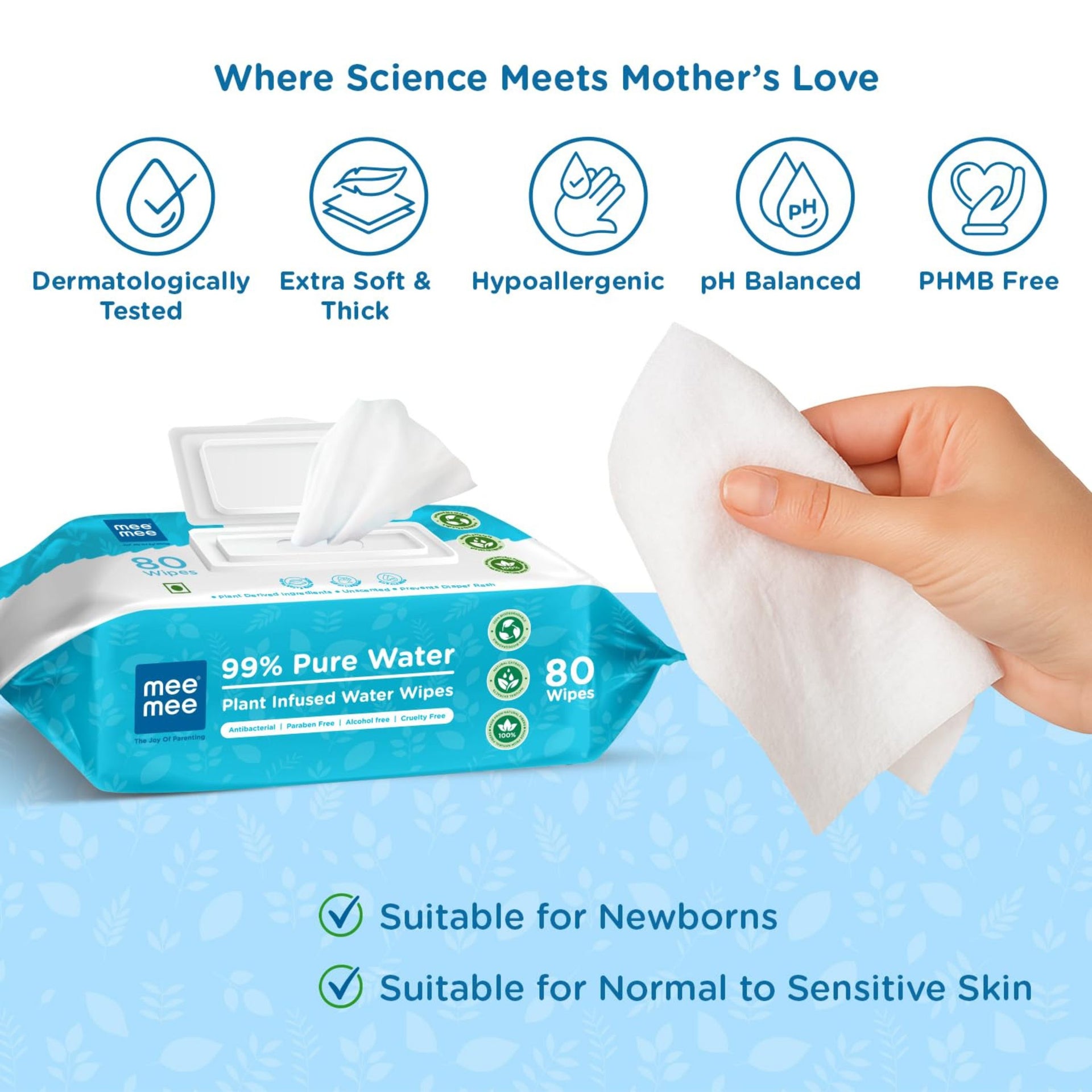Mee Mee 99% Pure Water Plant-Infused Baby Wipes – 80 Wipes (160 Wipes ) , pack of 2 | Extra Soft, Thick & Dermatologically Approved