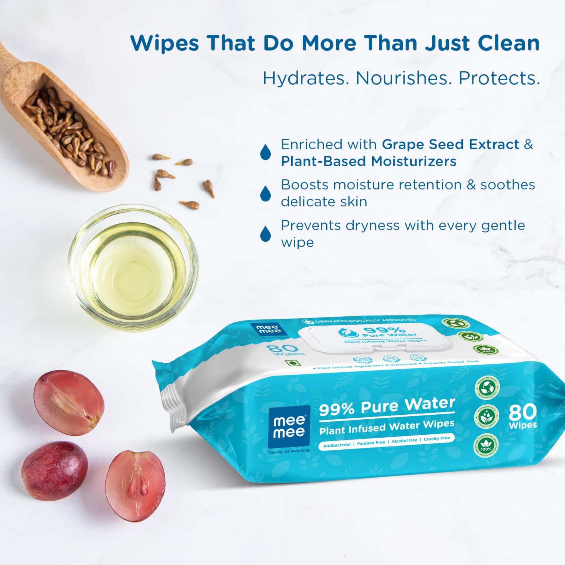 Mee Mee 99% Pure Water Plant-Infused Baby Wipes – 80 Wipes (160 Wipes ) , pack of 2 | Extra Soft, Thick & Dermatologically Approved