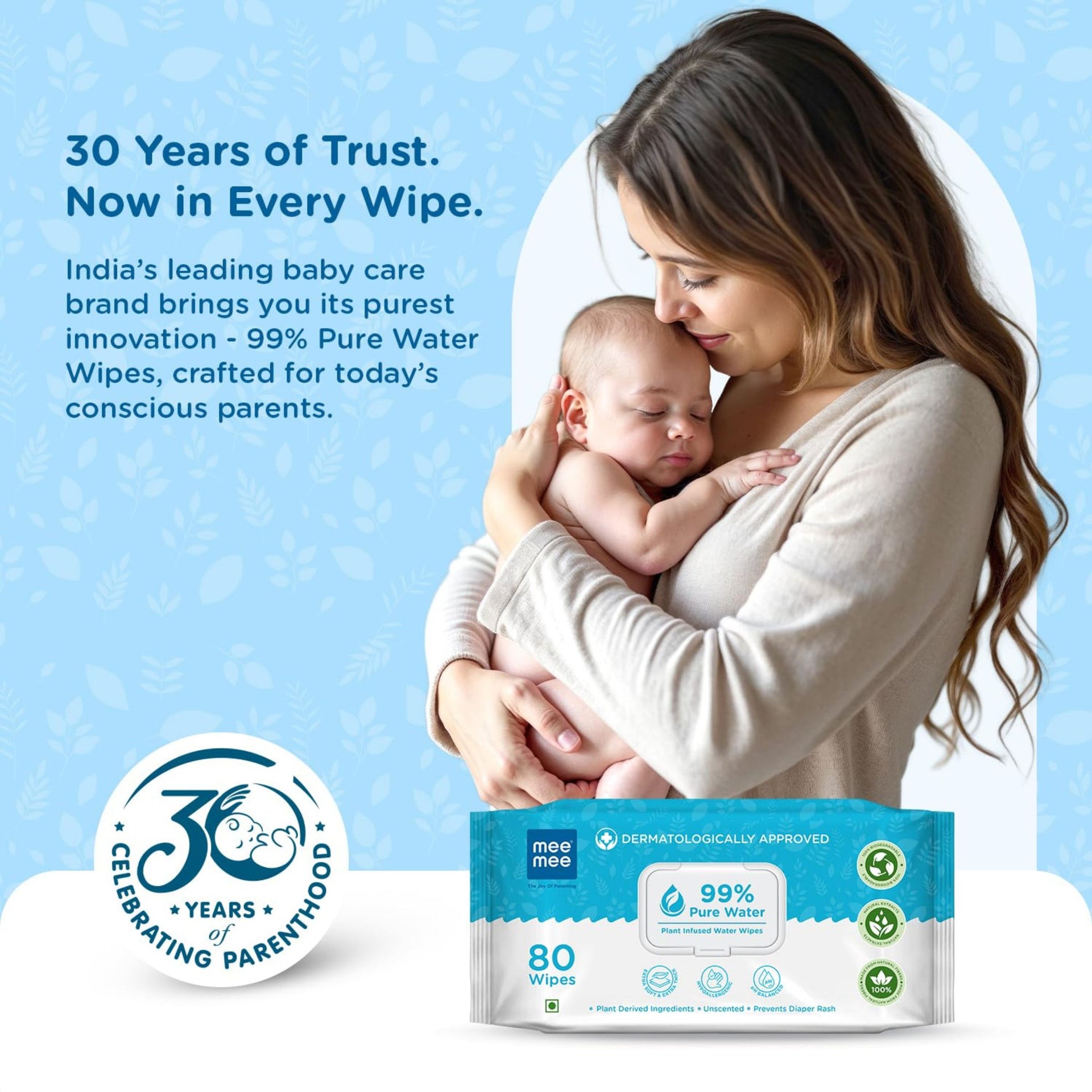 Mee Mee 99% Pure Water Plant-Infused Baby Wipes – 80 Wipes (160 Wipes ) , pack of 2 | Extra Soft, Thick & Dermatologically Approved