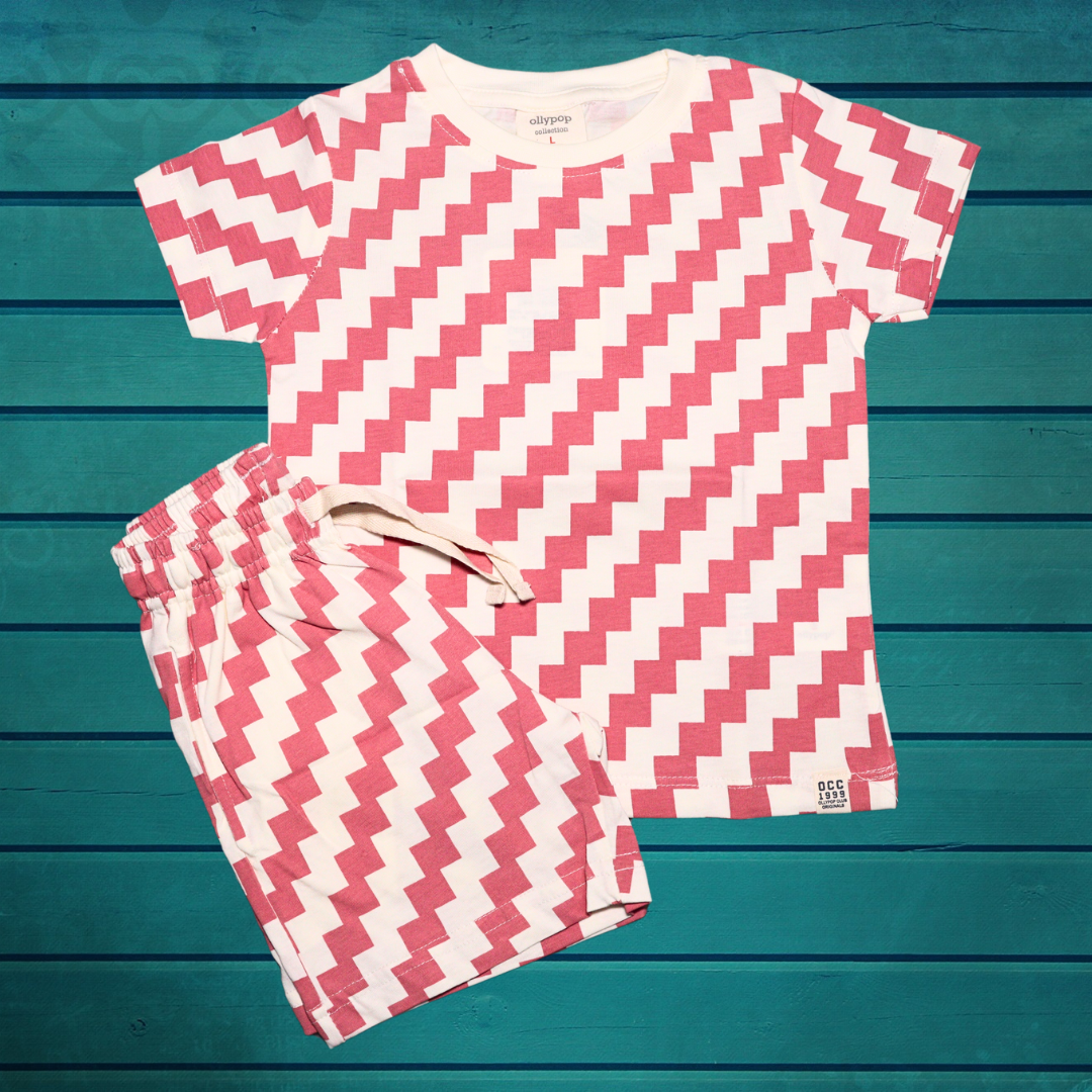 Ollypop Pure Cotton Knit Half Sleeves With Round Neck T-Shirt & Shorts Set with Chevron Print - Light Blue & White - Light Pink & White color