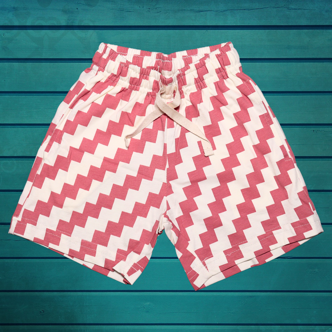 Ollypop Pure Cotton Knit Half Sleeves With Round Neck T-Shirt & Shorts Set with Chevron Print - Light Blue & White - Light Pink & White color
