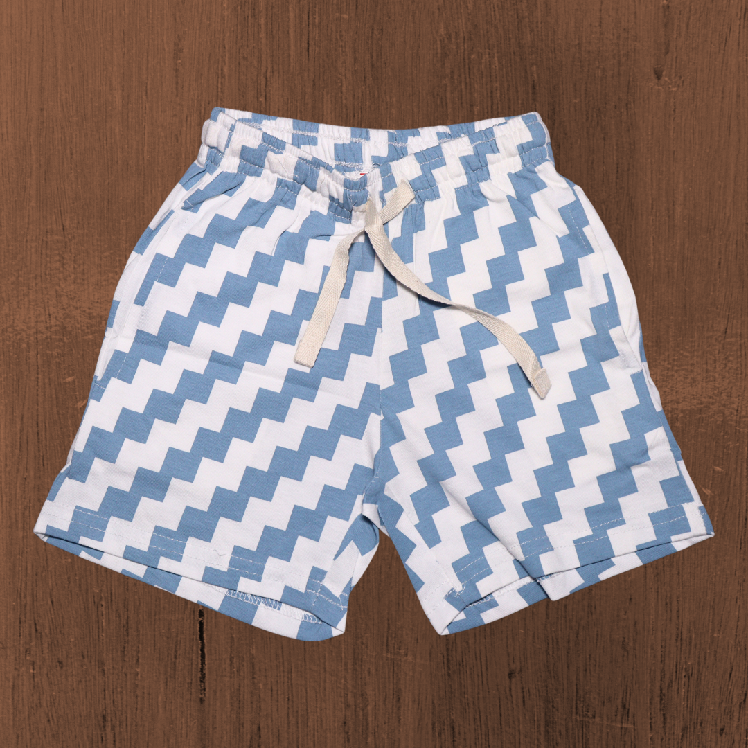 Ollypop Pure Cotton Knit Half Sleeves With Round Neck T-Shirt & Shorts Set with Chevron Print - Light Blue & White - Light Pink & White color