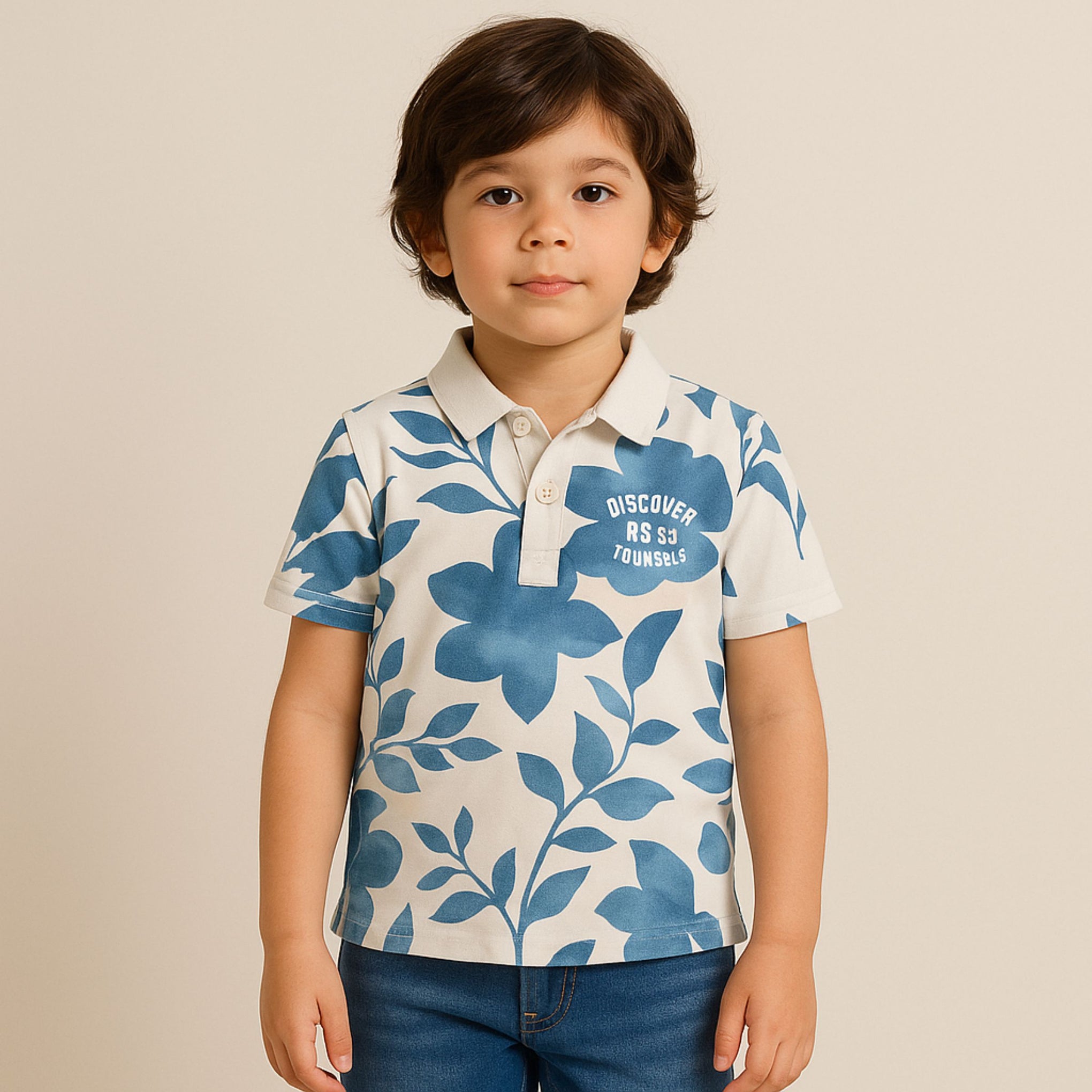 Smile Baby Boys’ Blue Floral Print Polo T-Shirt – Ages 3 to 14 Years