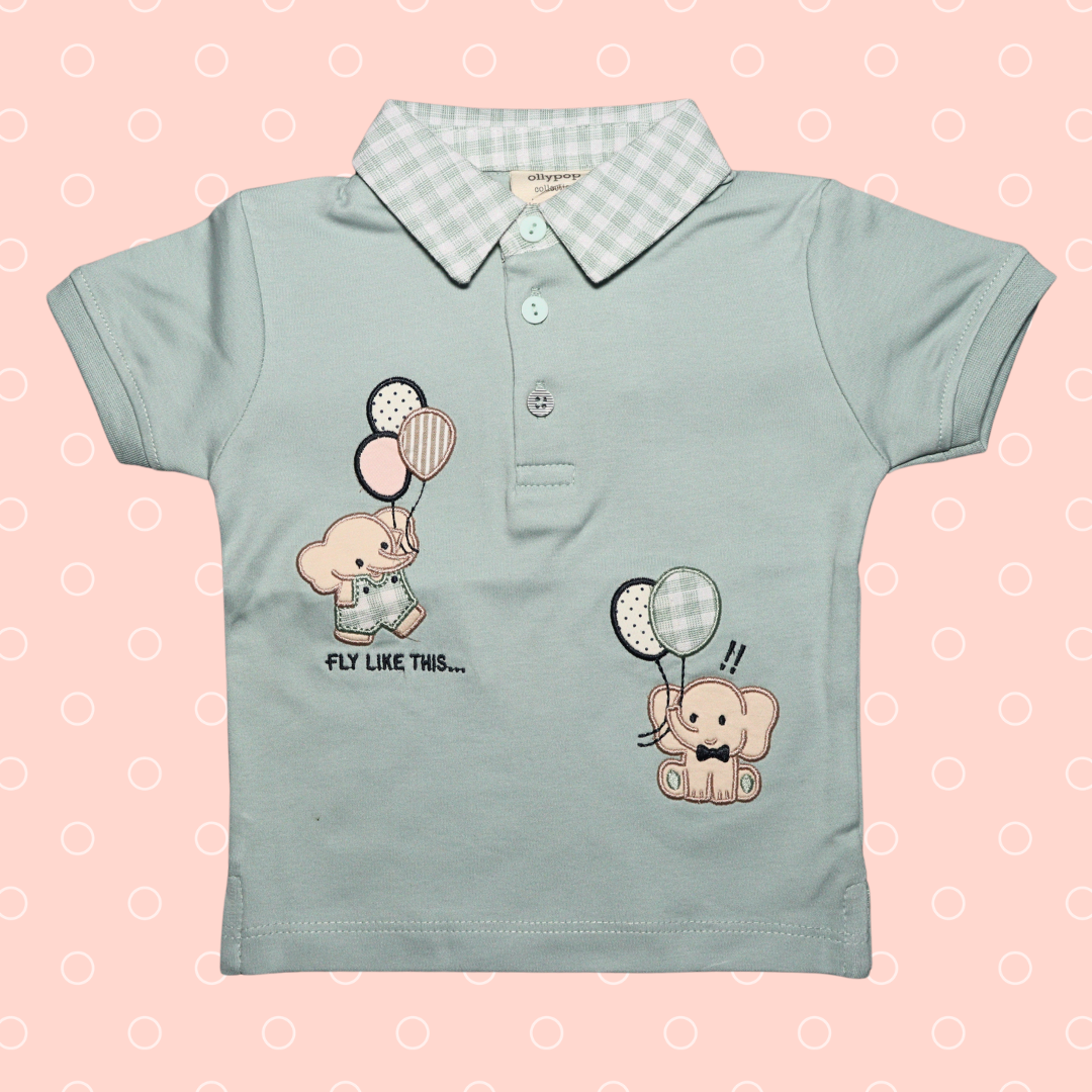 OLLYPOP  Half Sleeves T-Shirt & Shorts Set  | V sheep collar Neck | baby elephant Animal with balloon print on T-shirt and Chex printed shorts for boys , scuba & blue color