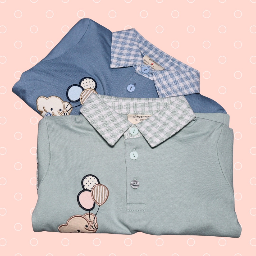 OLLYPOP  Half Sleeves T-Shirt & Shorts Set  | V sheep collar Neck | baby elephant Animal with balloon print on T-shirt and Chex printed shorts for boys , scuba & blue color