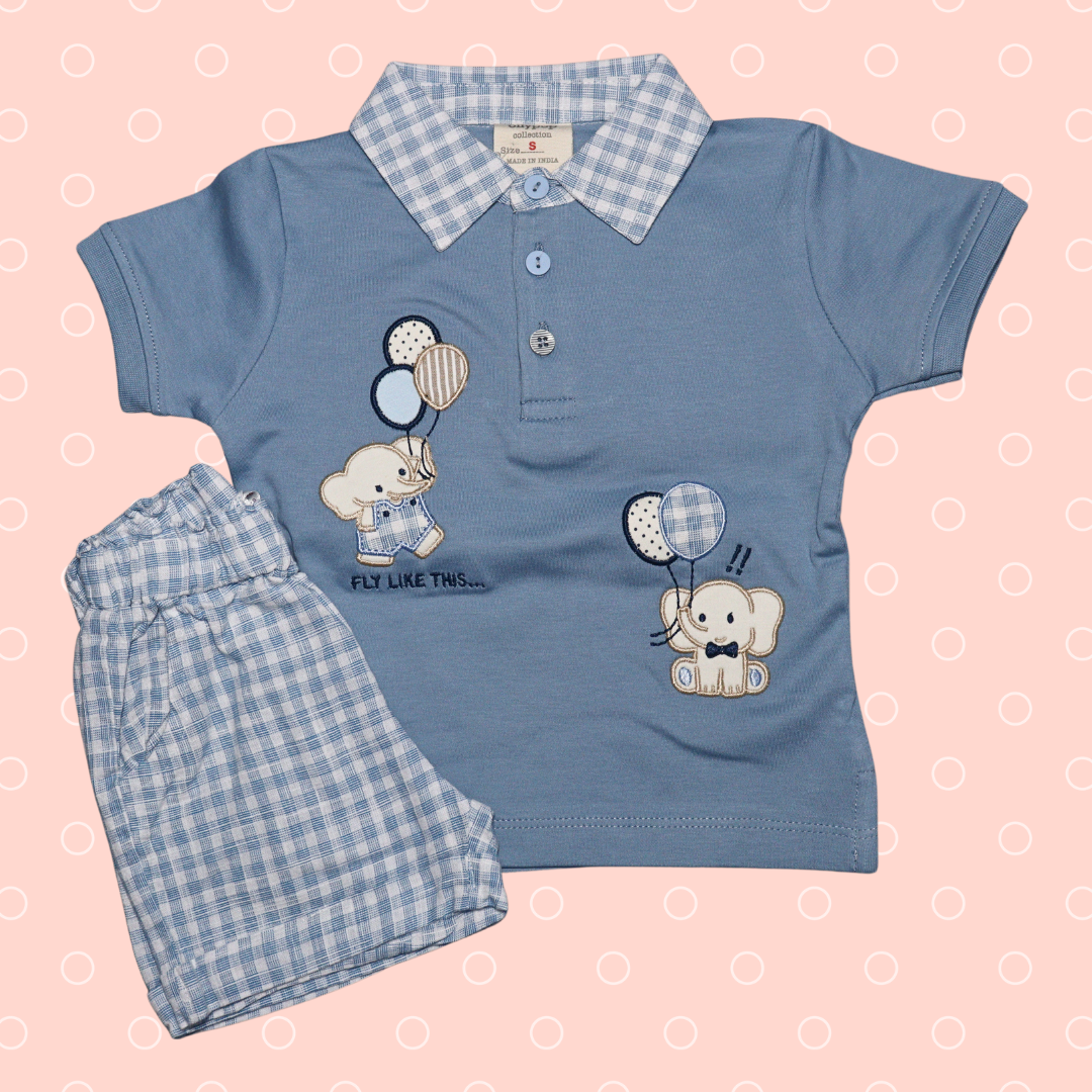 OLLYPOP  Half Sleeves T-Shirt & Shorts Set  | V sheep collar Neck | baby elephant Animal with balloon print on T-shirt and Chex printed shorts for boys , scuba & blue color